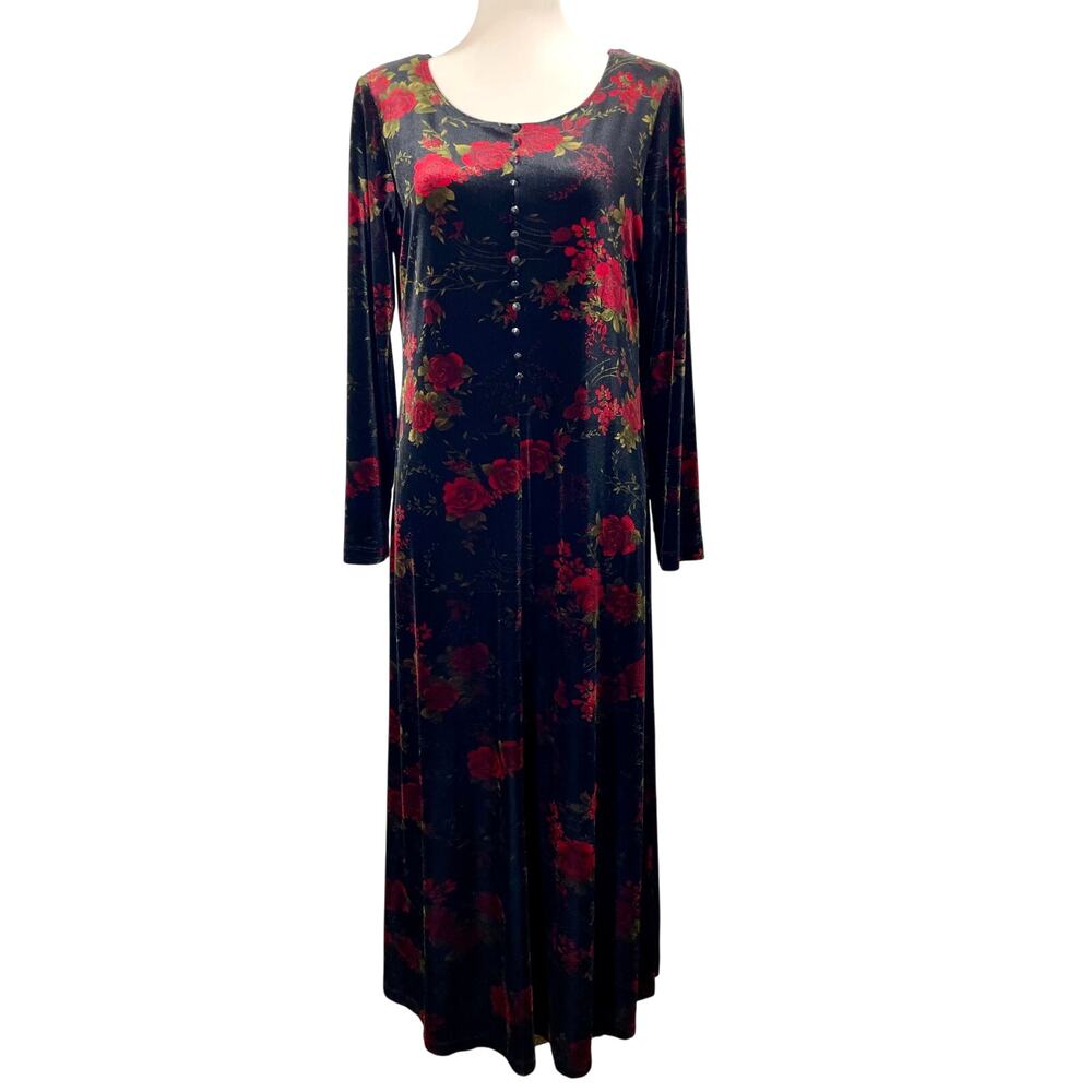 Vintage Y2K Dark Velvet Maxi Dress Size 10 Romantic Rose Floral Print Side Slit